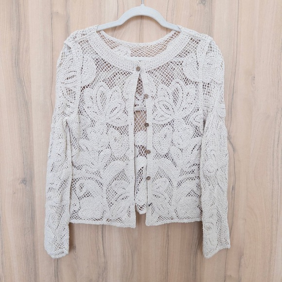 Sweaters - Womens Lace Crochet Cardigan Sz S Cream Floral Cottage Boho Shabby Chic Coquette